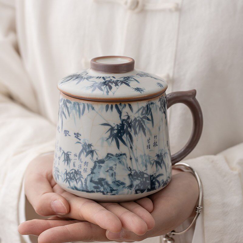 汝窑古风开片茶杯陶瓷带盖茶水分离泡茶杯家用办公杯子办公杯