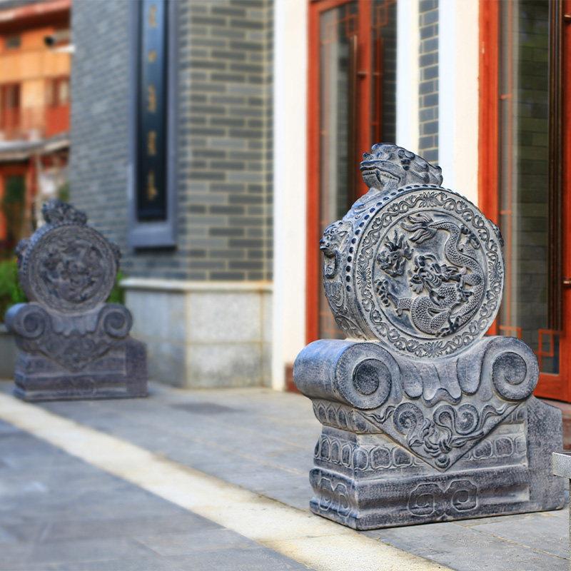 别墅庭院店面大门口摆件石鼓石雕青石彷古门墩抱鼓石一对狮子衔环