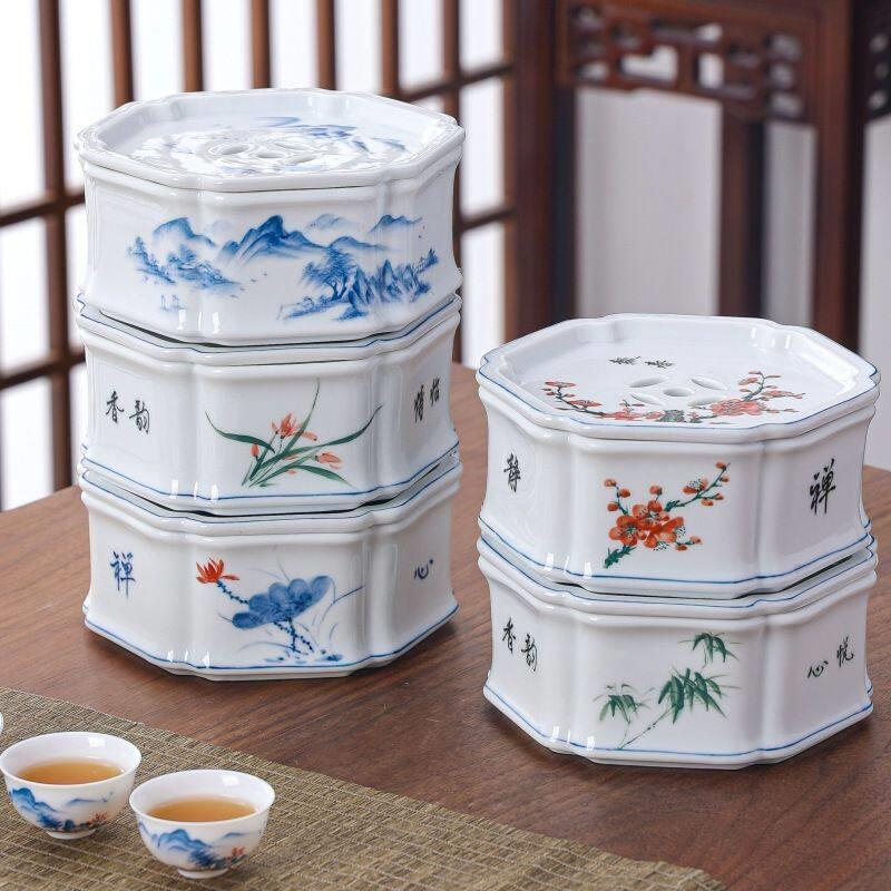 手绘功夫茶具白瓷家用带茶盘六角潮汕储水梅兰竹菊瓷茶船壶承陶瓷