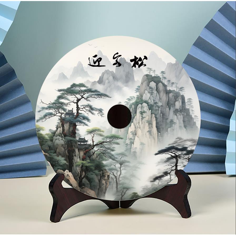 玉石平安扣迎客松摆件入户玄关办公室前台装饰品客厅边柜2023新款