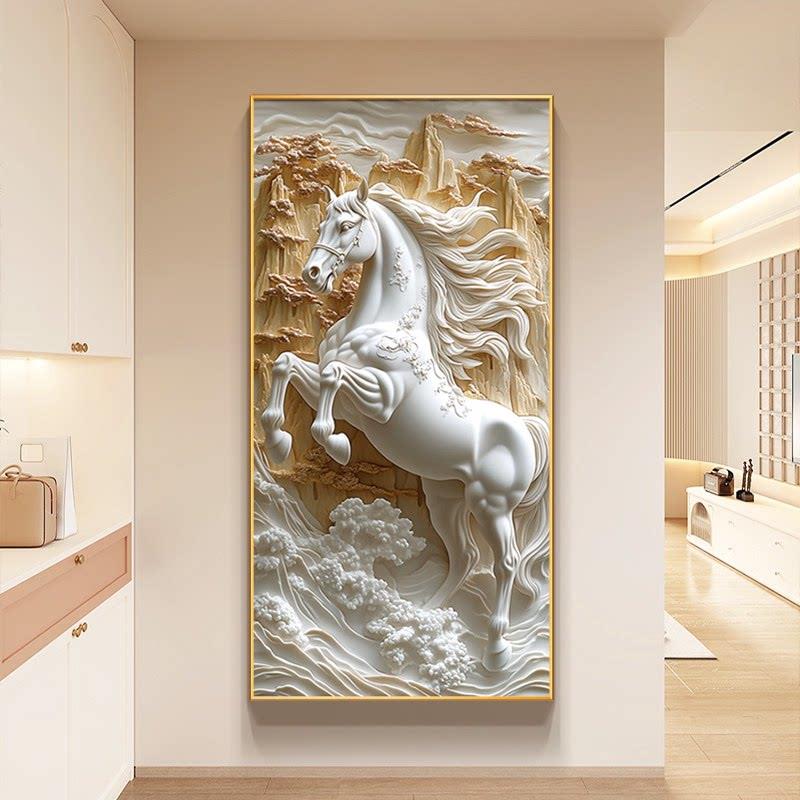 骏马图走廊尽头挂画现代简约马到成功入户玄关装饰画立体浮雕壁画