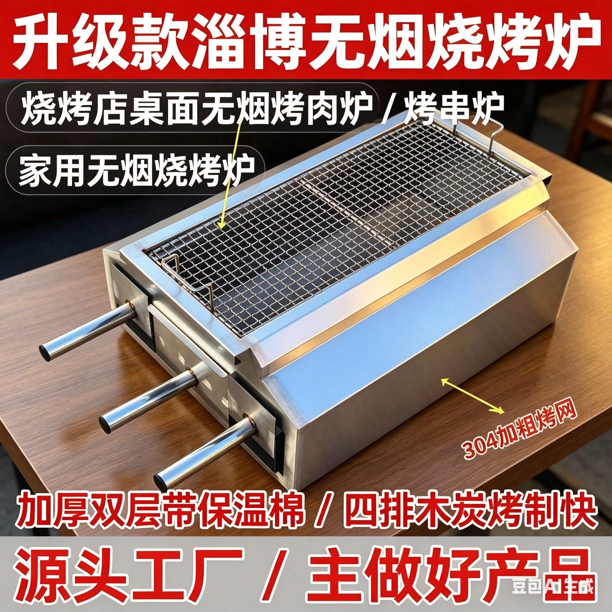 不锈钢加厚无烟淄博烧烤炉烧烤店桌面烤肉炉家用烤串炉带脚烧烤架