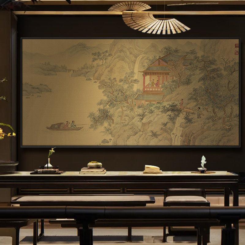 新中式宋代美学饭店餐厅巨幅山水挂画客厅茶室背景墙高级感装饰画