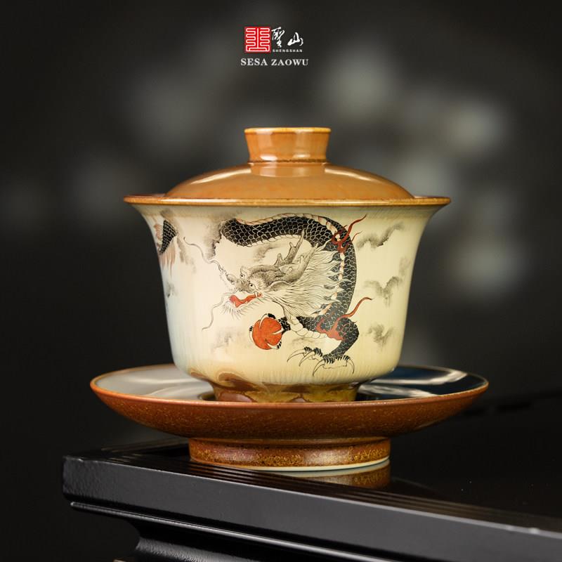 柴烧窑变手绘龙购大号盖碗景德镇功夫茶具陶瓷三才盖碗泡茶盖碗