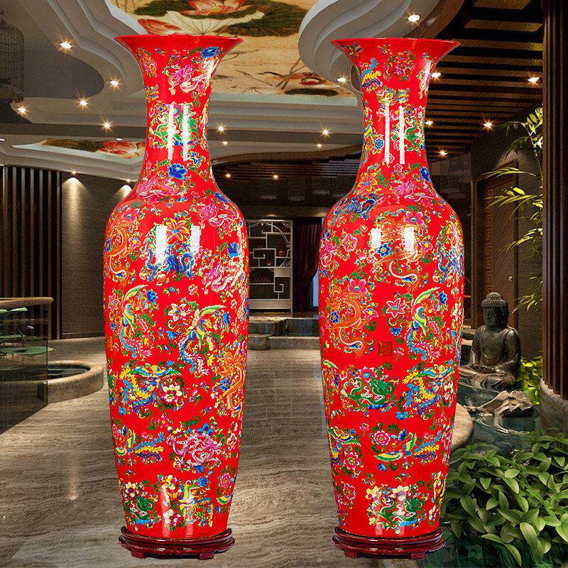 景德镇陶瓷器龙凤呈祥落地大花瓶中国红喜庆新房家居摆饰结婚礼品