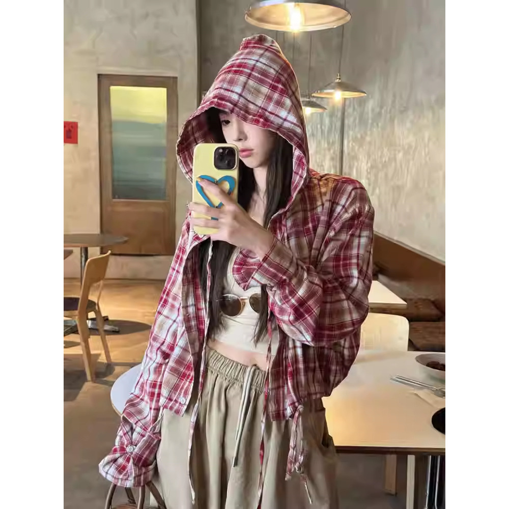 休闲格子棉麻衬衫薄外套女2025春秋新款时尚百搭连帽短款亚麻衬衣