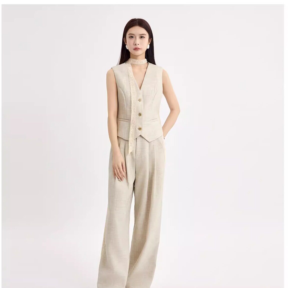 2026春季新品飘带无领西装马甲+拼接直筒裤套装休闲女装