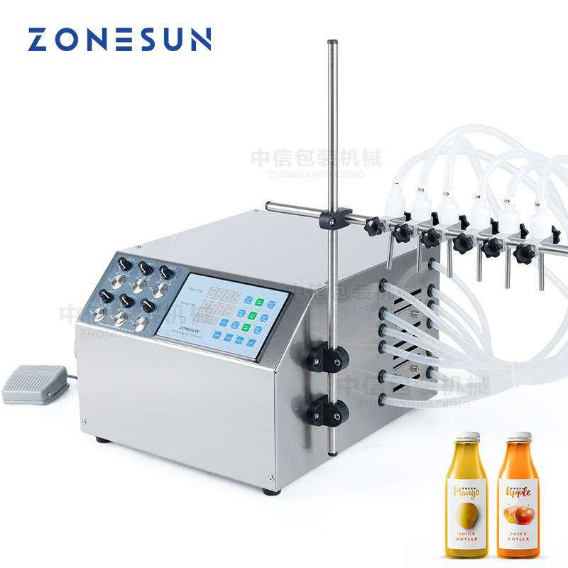 ZONESUN 半自动6头灌装机 隔膜泵4L果汁牛奶饮料液体定量灌装机