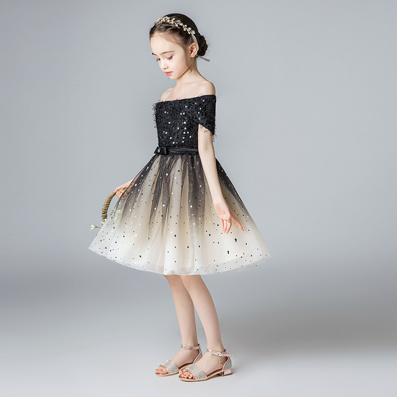 女孩走秀礼服公主裙女童生日洋气黑色小主持人儿童钢琴演出服演奏