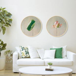 水墨宣言 客厅沙发背景墙圆形框装饰画清雅荷花挂画茶室禅意壁画