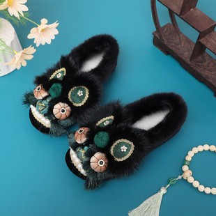 2026新款虎头鞋国风棉布鞋墨绿色非遗纯手工女式绣花鞋古风老钱风