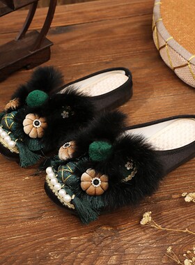 2026早春新款虎头拖鞋单拖鞋墨绿色手工鞋女式国潮风黑色绣花布鞋