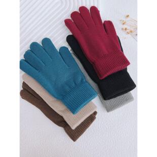 纯色针织男女秋冬保暖羊毛衬里弹力羊毛分指学生骑行防寒手套
