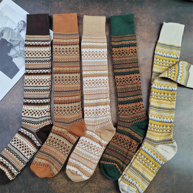 高筒袜女春秋款及膝小腿袜纯棉复古民族风保暖长袜护小腿显瘦袜子