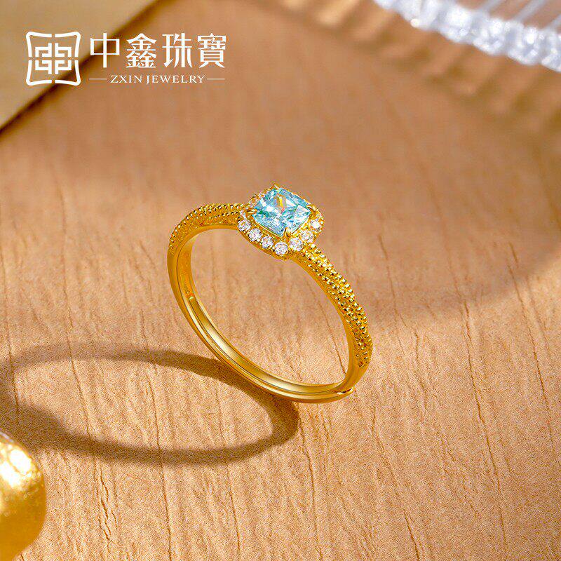 足金镶嵌蓝色锆石方钻气质指环