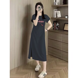 过膝裙后开叉显瘦打底长裙 灰色中长款 设计感宽松短袖 连衣裙夏装