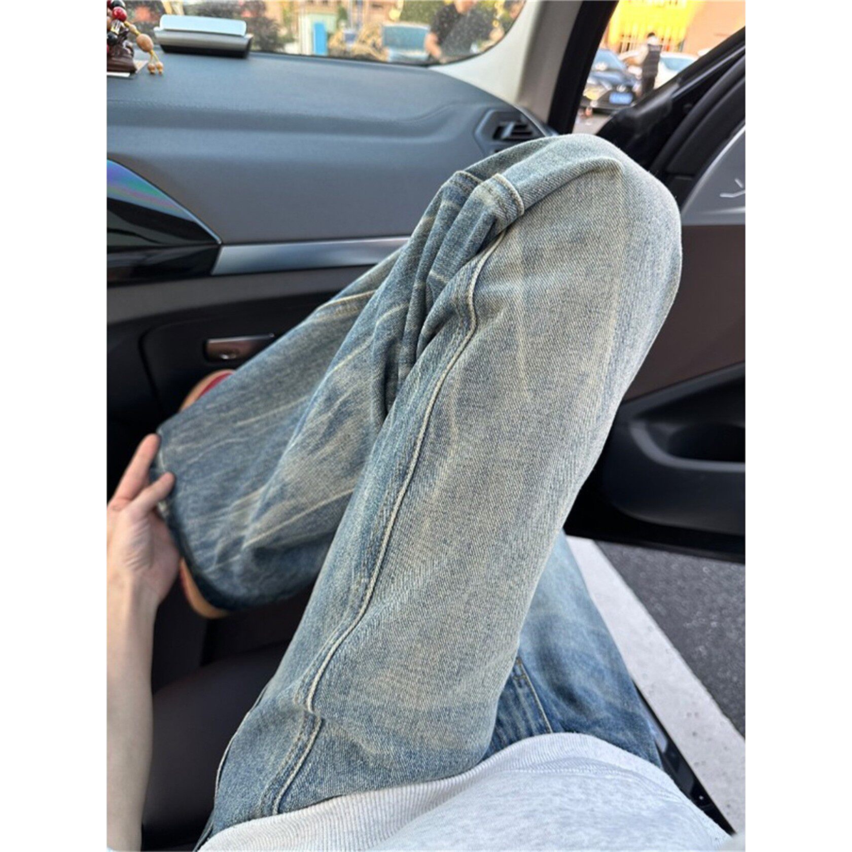 蓝色闪电纹斜切牛仔裤男款秋冬vibe裤子美式高街显瘦微喇弯刀长裤