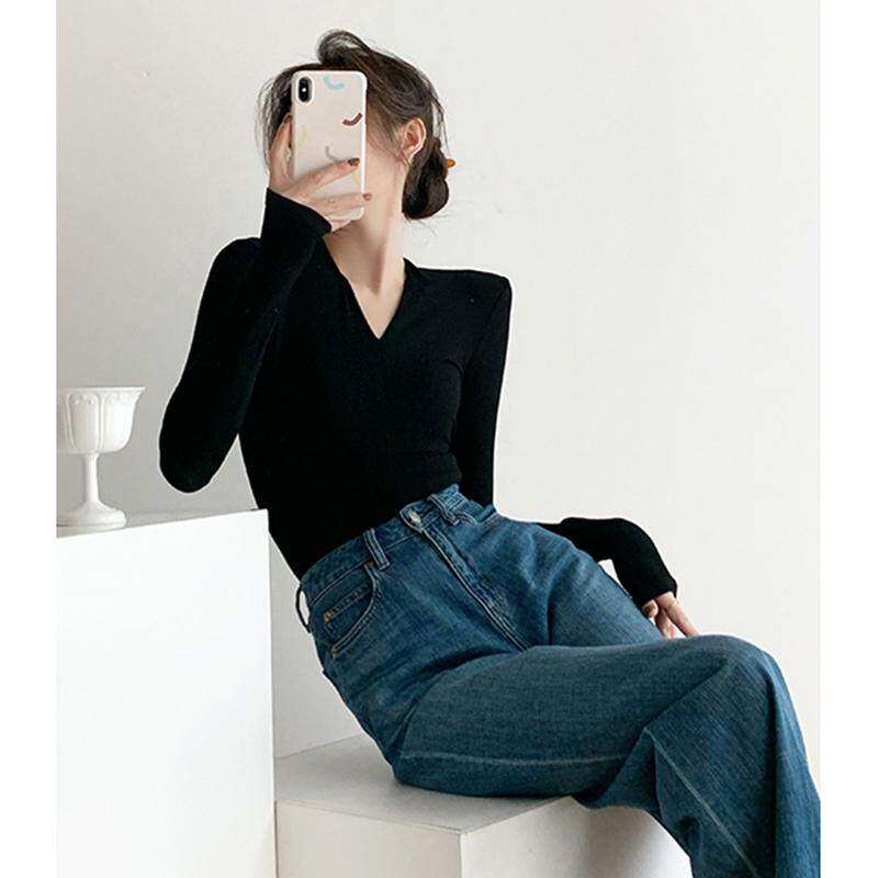 黑色内搭打底衫女2025新款修身V领正肩长袖T恤纯欲风高级感上衣冬