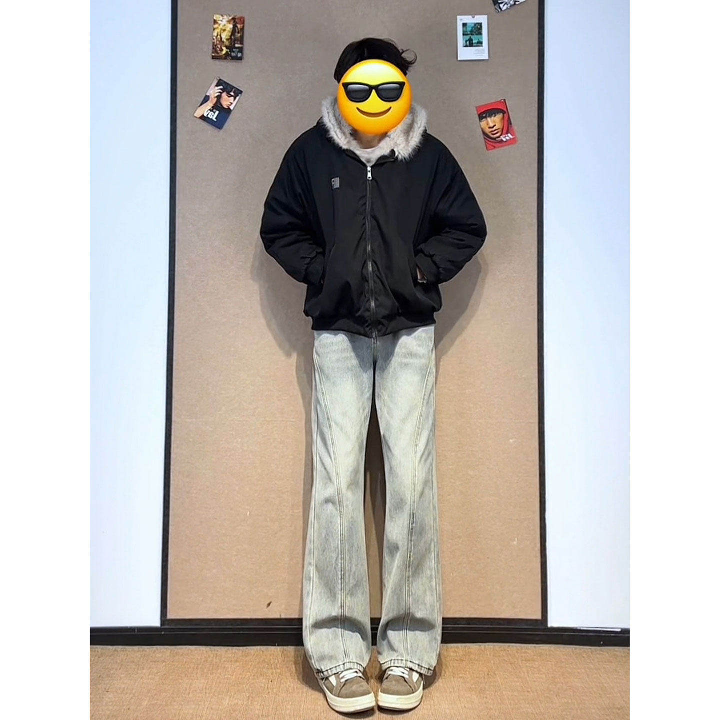 复古蓝斜切弯刀牛仔裤男款秋冬美式vibe加绒裤子直筒不贴腿微喇裤