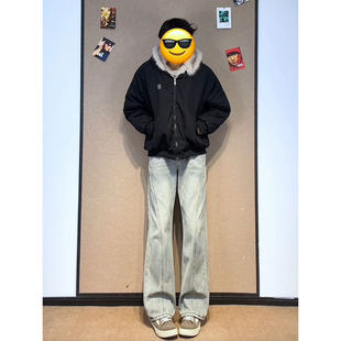 复古蓝斜切弯刀牛仔裤男款秋冬美式vibe加绒裤子直筒不贴腿微喇裤