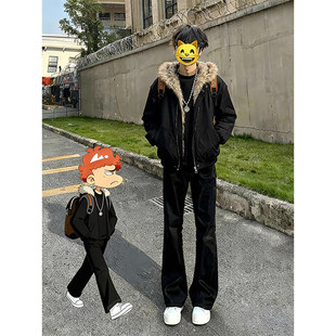 黑色美式高街微喇牛仔裤男款加绒加厚vibe风格裤子cleanfit直筒裤