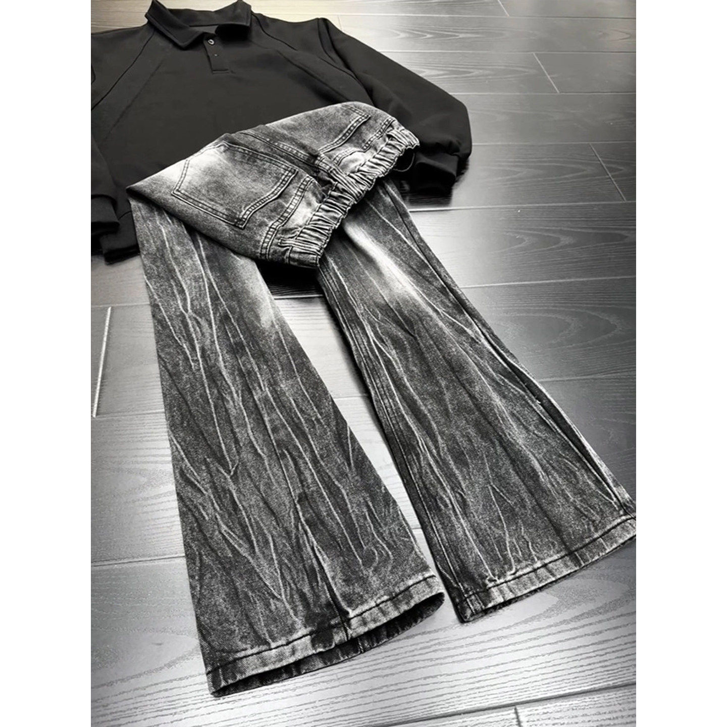 美式高街闪电纹牛仔裤男秋冬水洗做旧加绒裤子窄版修身直筒微喇裤