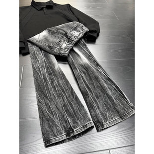 美式高街闪电纹牛仔裤男秋冬水洗做旧加绒裤子窄版修身直筒微喇裤