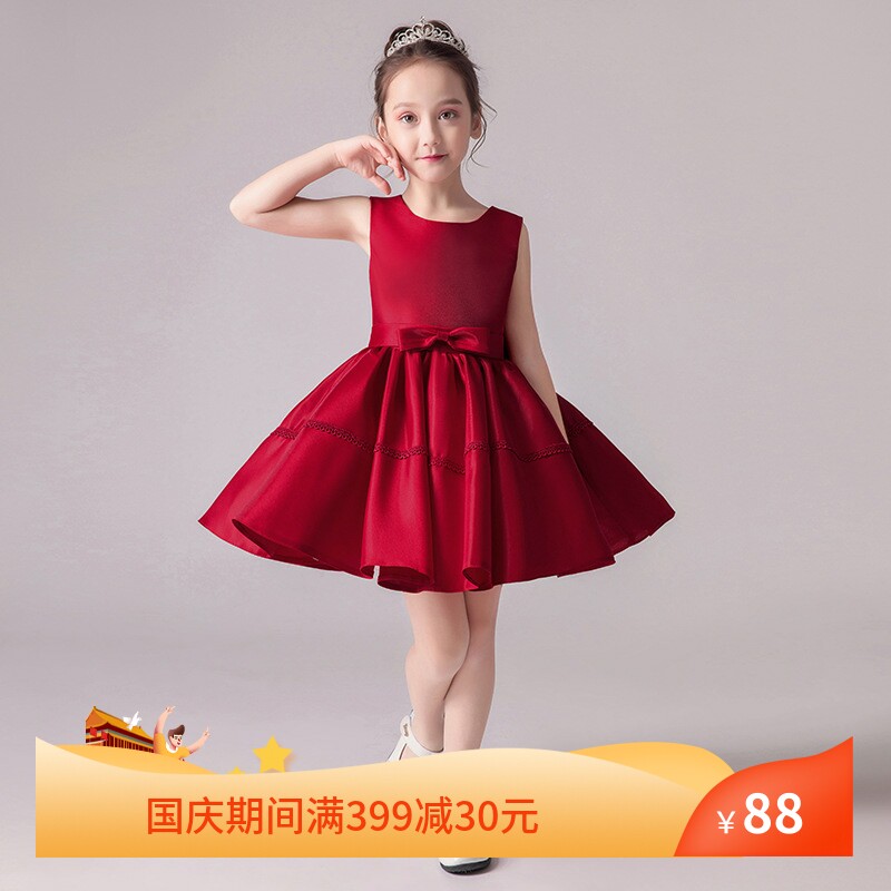 儿童礼服2024夏季新款红色蓬蓬短裙小主持人钢琴演出服女童公主裙