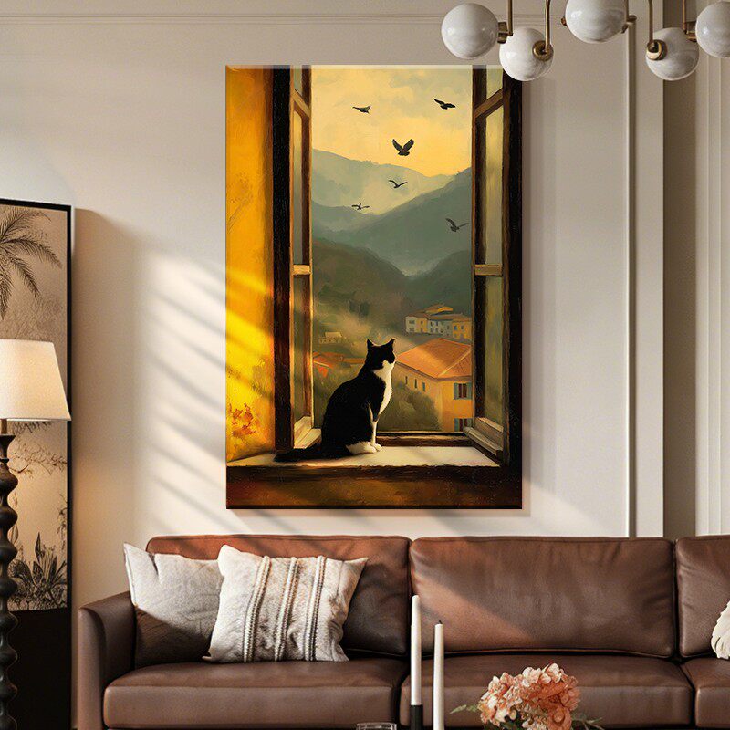 窗台上的猫》中古风客厅沙发背景墙装饰画玄关落地画餐厅挂画壁画盖布配件