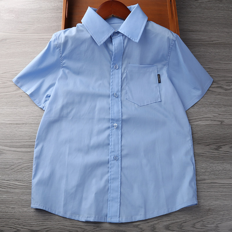 儿童衬衫短袖男童全纯棉蓝白色衬衣男孩儿童装中大童学生校服班服