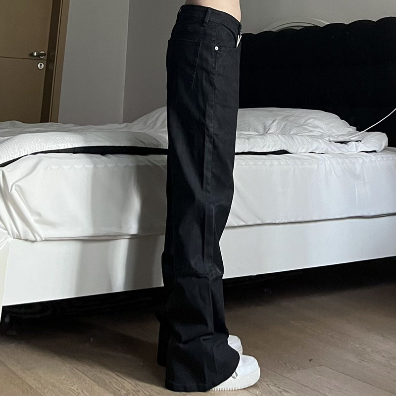 奶尤大大 美式街头黑色修身微喇牛仔裤男女vibe显瘦长裤情侣冬季