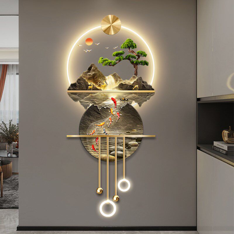 九鱼图新中式入户玄关装饰画山水画高档立体LED壁灯走廊过道挂画