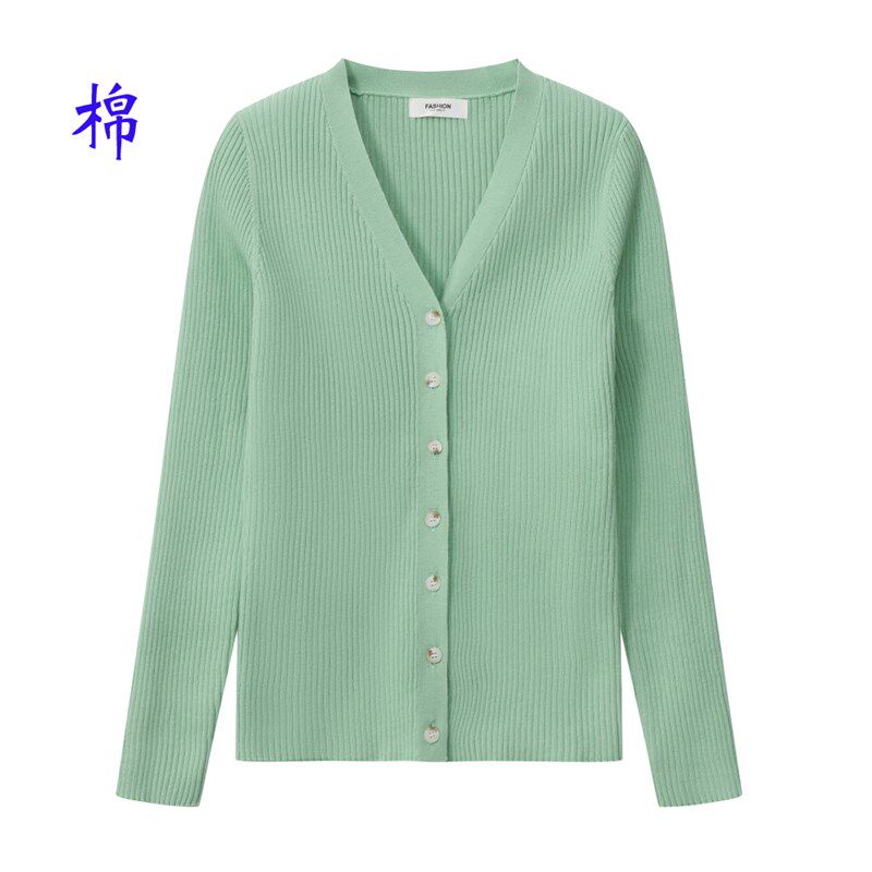 纯棉针织衫开衫女V领坑条螺纹弹力修身外套小衫外搭秋季薄款毛衣