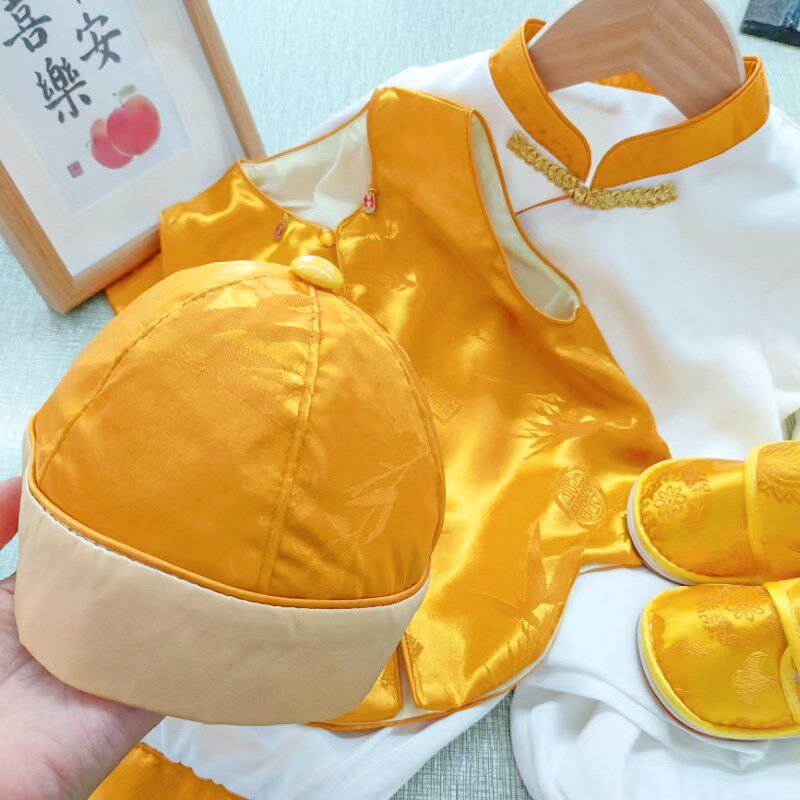 宝宝周岁礼服男金色婴儿百日宴夏秋装真丝男童抓周服中式一岁冠衣