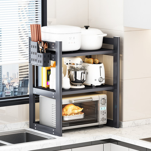 太空铝厨房置物架台面微波炉烤箱架子多功能储物柜锅架白色可调节