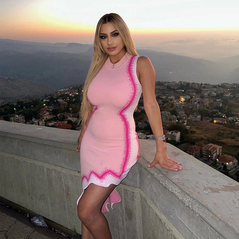 欧美潮款挂脖弹力针织裙中长款无袖背心裙条纹修身显瘦包臀连衣裙