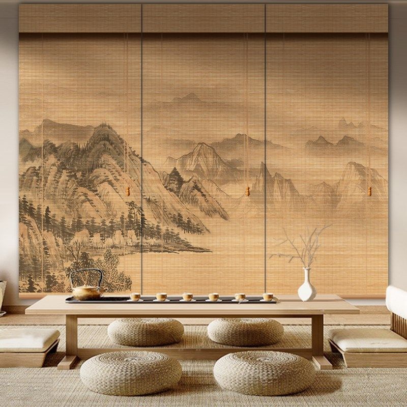 山水印花竹帘卷帘家用民宿餐厅禅意复古遮光隔断茶室门帘中式窗帘,居家布艺,卷帘,淘宝优惠券,粉丝福利购,淘宝优惠卷