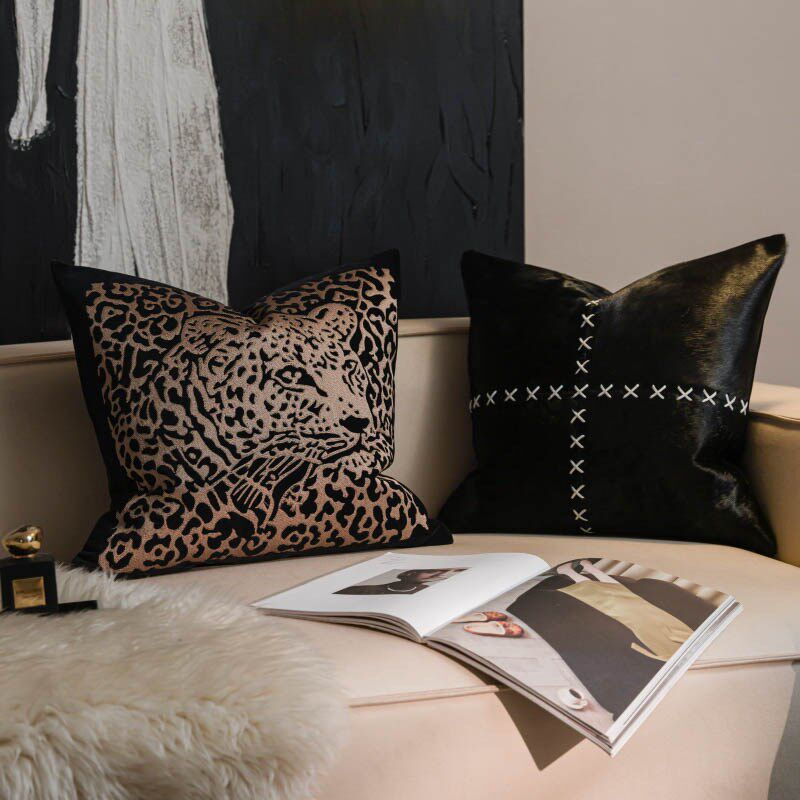 轻奢风沙发高级感现代简约皮草金钱豹高端绣花样板间客厅沙发抱枕