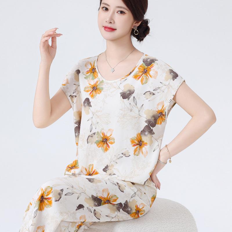 妈妈棉绸睡衣女中老年人造棉夏季绵绸七分裤套装两件套家居服加大