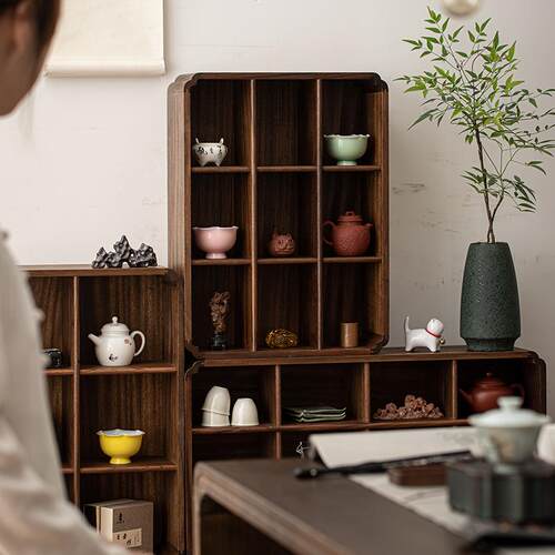实木博古架茶台桌面多宝格茶具收纳展示架复古胡桃木落地置物柜子