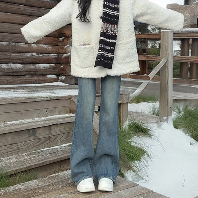 复古蓝微喇牛仔裤女秋冬