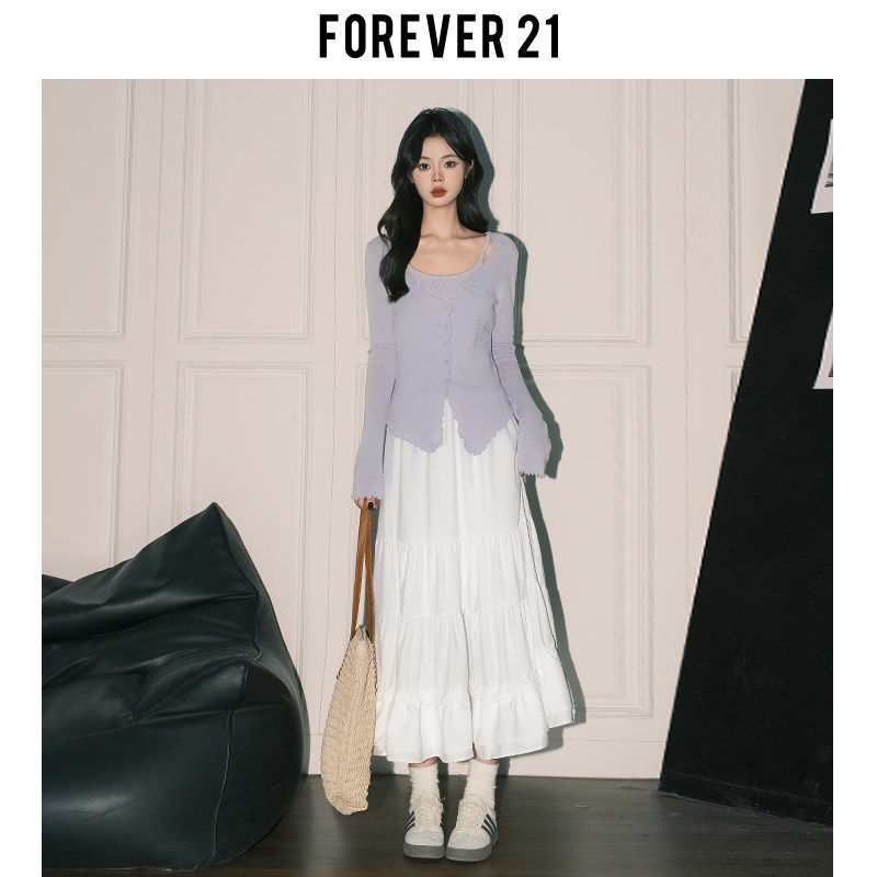 Forever21巨好看白色雪纺A字半身裙女垂感甜美蛋糕裙高腰仙女长裙