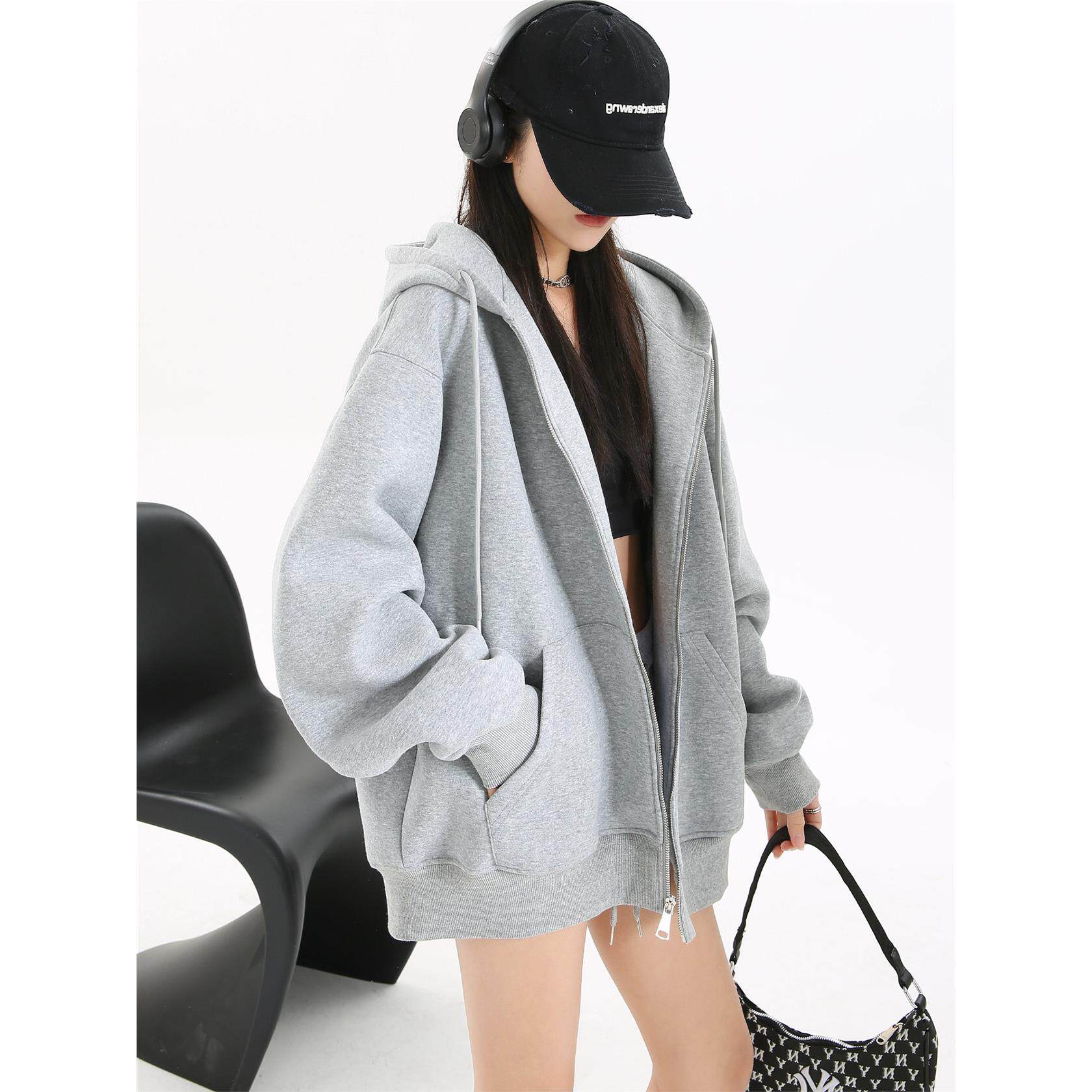 早秋外套女春秋款2025新款灰色连帽开衫卫衣韩系慵懒chic风上衣