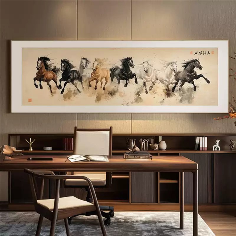 马到成功装饰画新中式挂画客厅茶室八骏图办公室国画书房水墨壁画