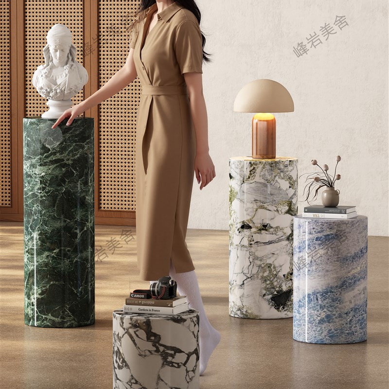 圆形立柱大理石摆件底座客厅落地高低展示台装饰墩子高端花架玄关