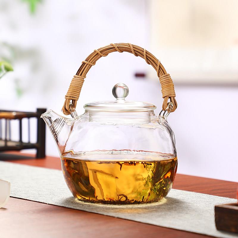 加厚高硼硅锤纹玻璃藤编提梁壶手工茶壶1L中国风泡茶壶不规则玻璃