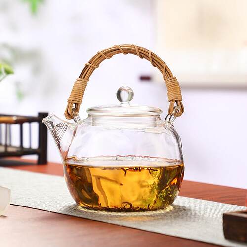 加厚高硼硅锤纹玻璃藤编提梁壶手工茶壶1L中国风泡茶壶不规则玻璃