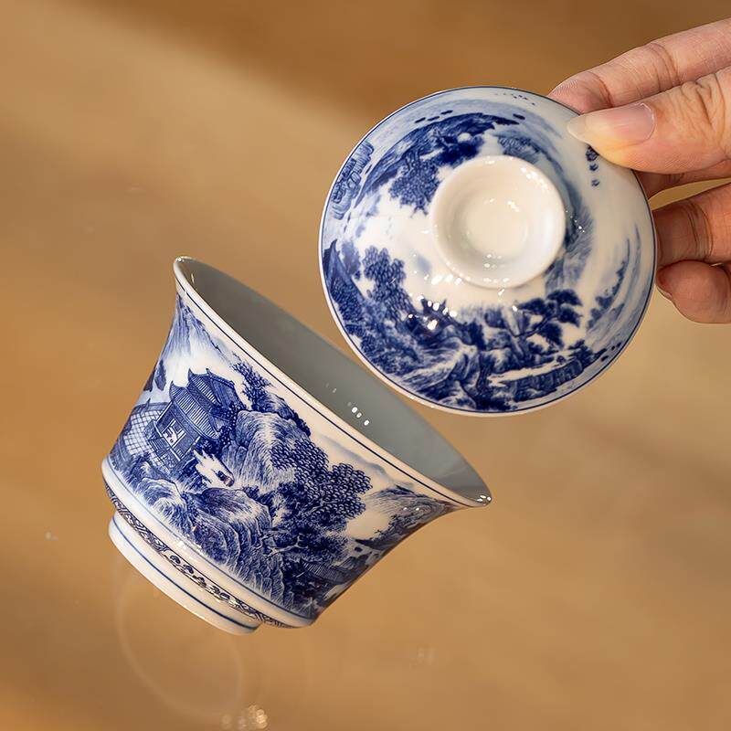 景德镇陶瓷青花山水盖碗茶杯家用中式功夫茶具泡茶碗壶承主泡器