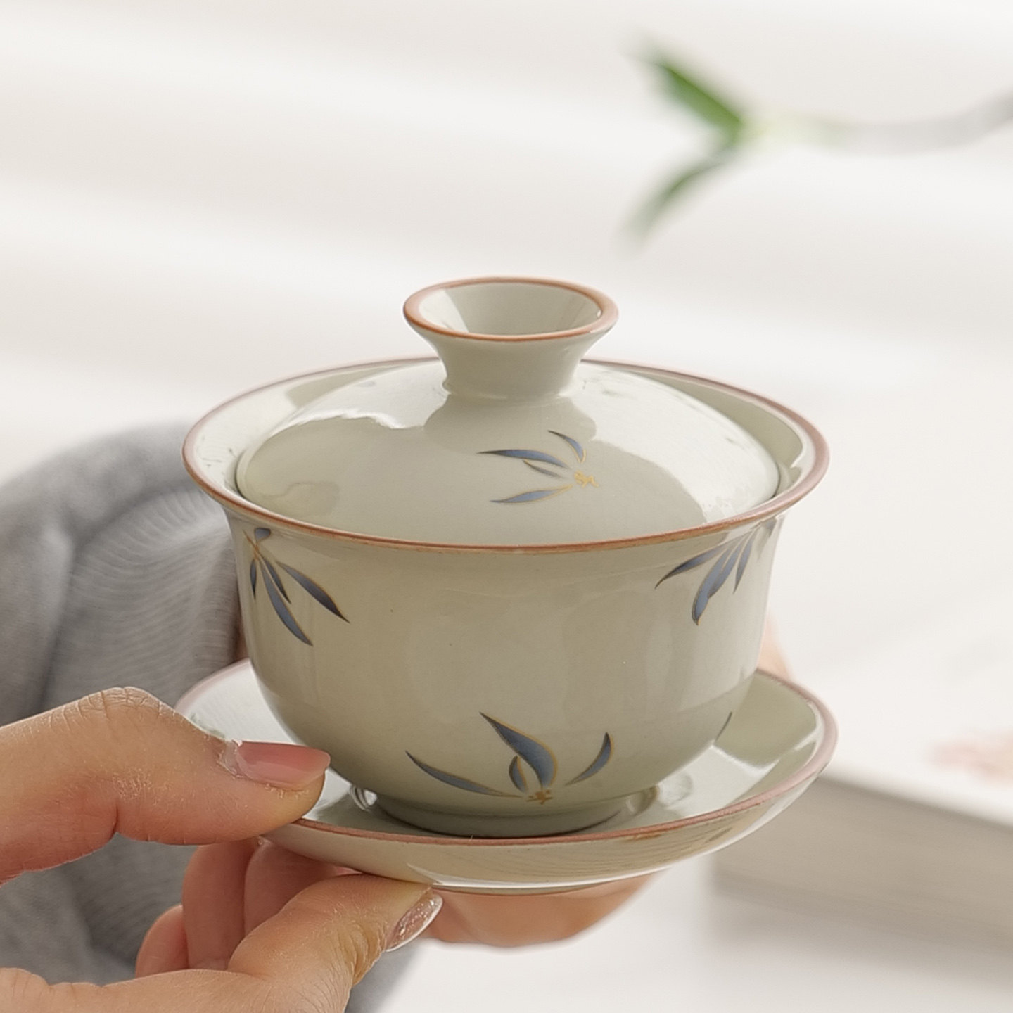 黄汝窑三才盖碗单个泡茶碗家用功夫茶具茶杯茶盏高档茶道喝茶中式