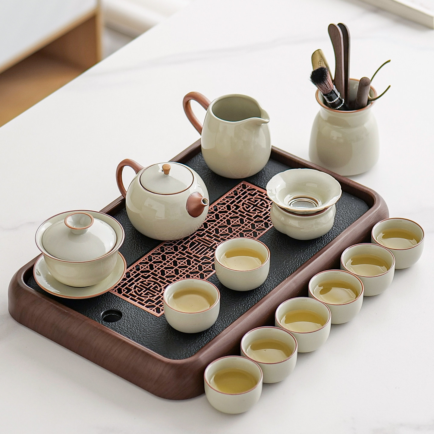 高档汝窑功夫茶具套组家用泡茶陶瓷茶杯茶盘茶壶2026新款喝茶专用
